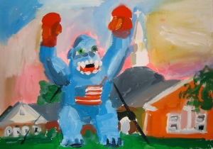 Russell's rendering of the giant blue inflatable chimp