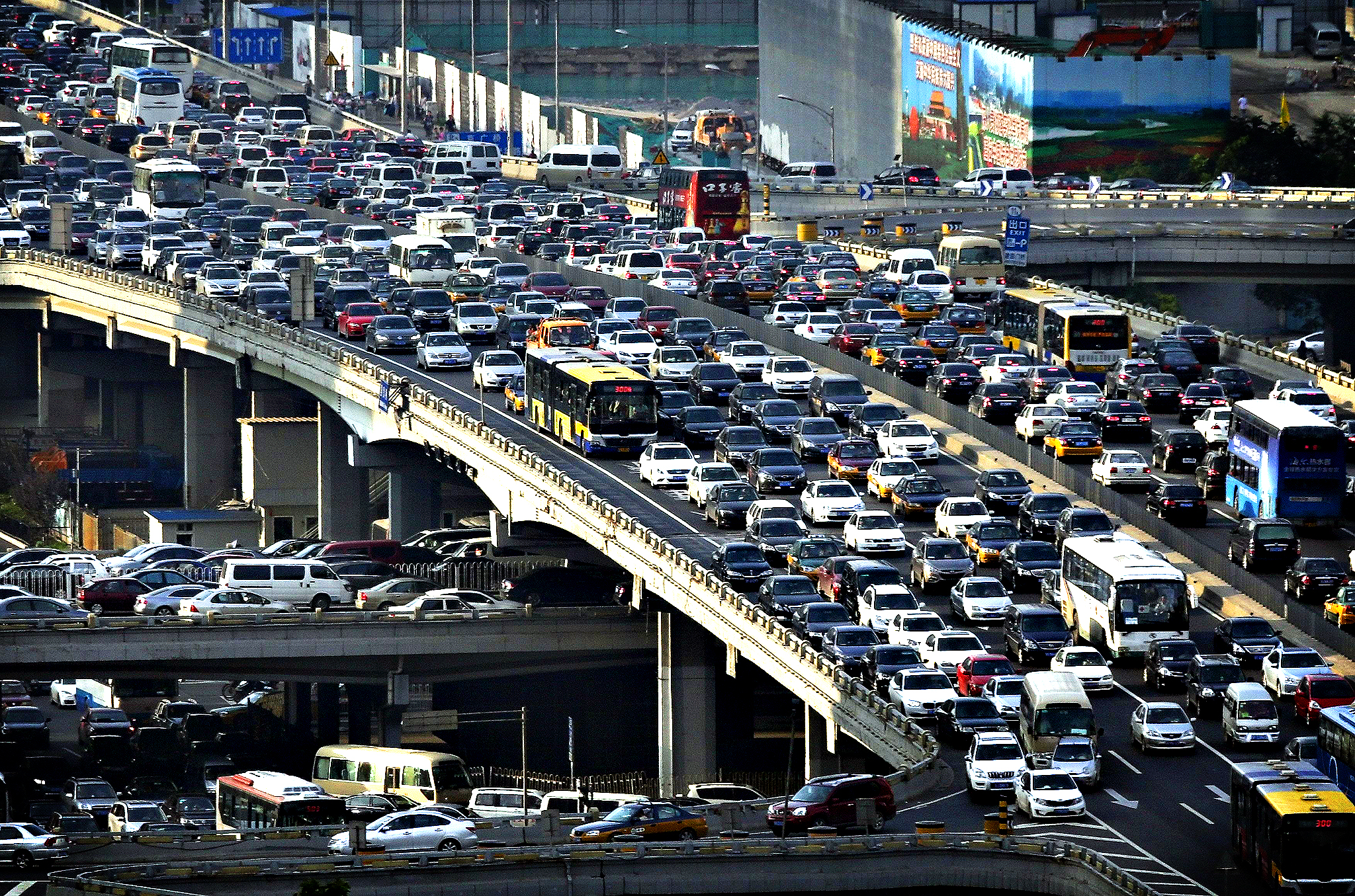 Lines of cars are pictured during a rush hour traffic jam on Guo